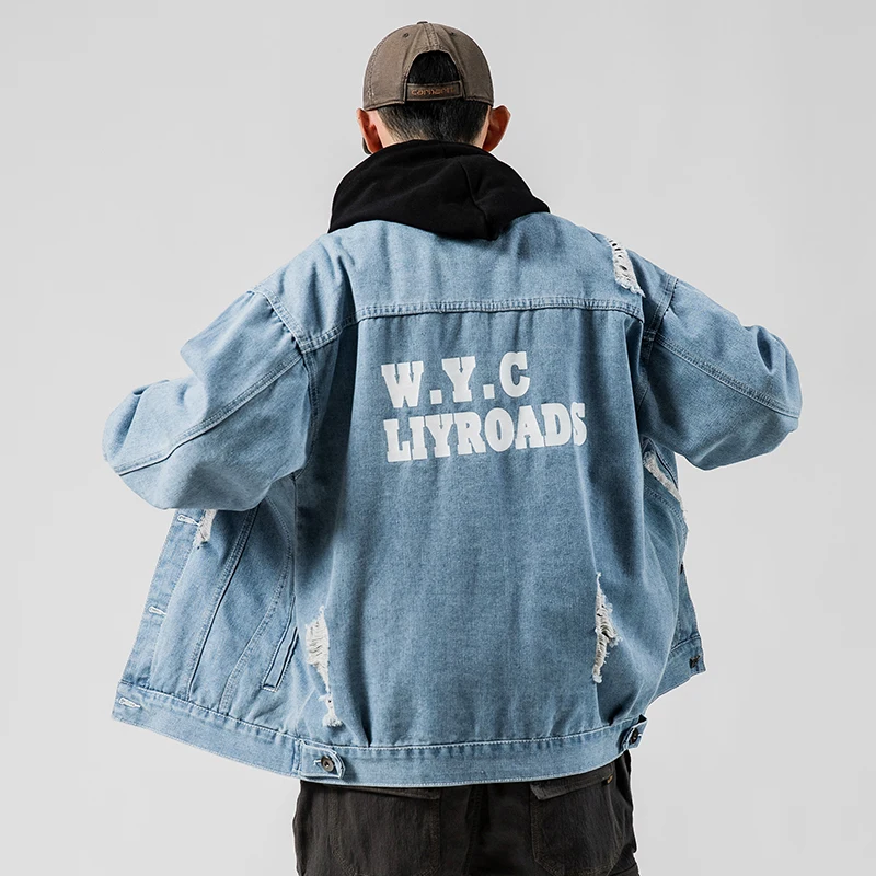 2021 весенняя и осенняя джинсовая куртка Мужская бомбер с отворотом в стиле хип хоп