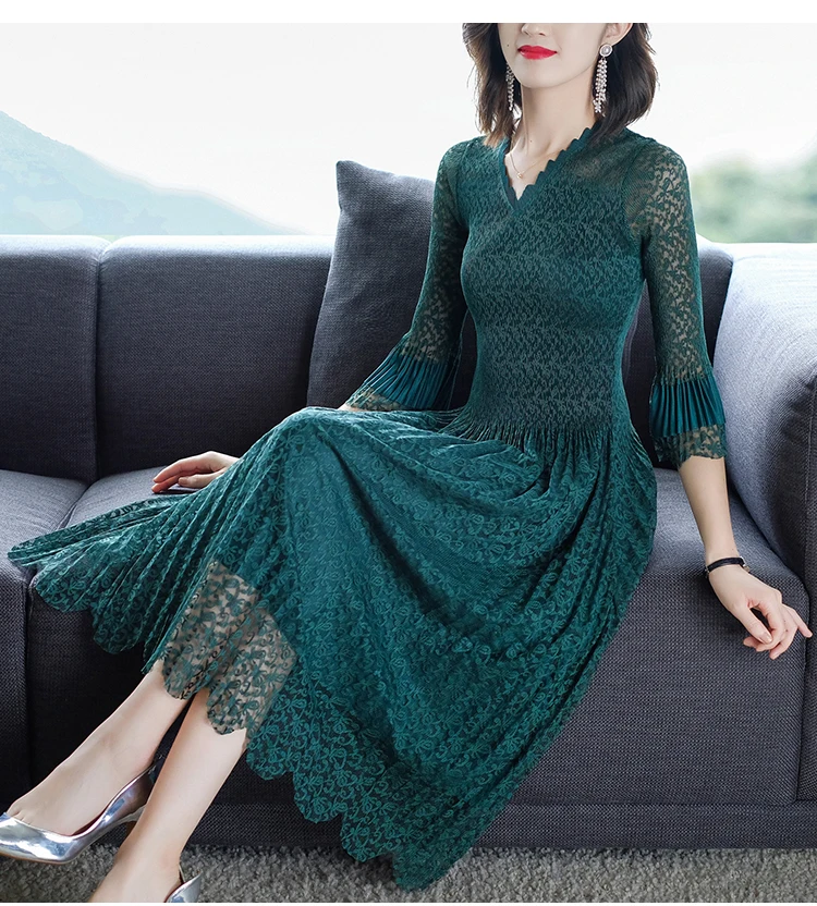 Summer Spring Womens Green 3/4 Ruffles Flare Sleeve Long Dress , Fall Korean Woman Slim Wine Red Vintage V Neck Dresses