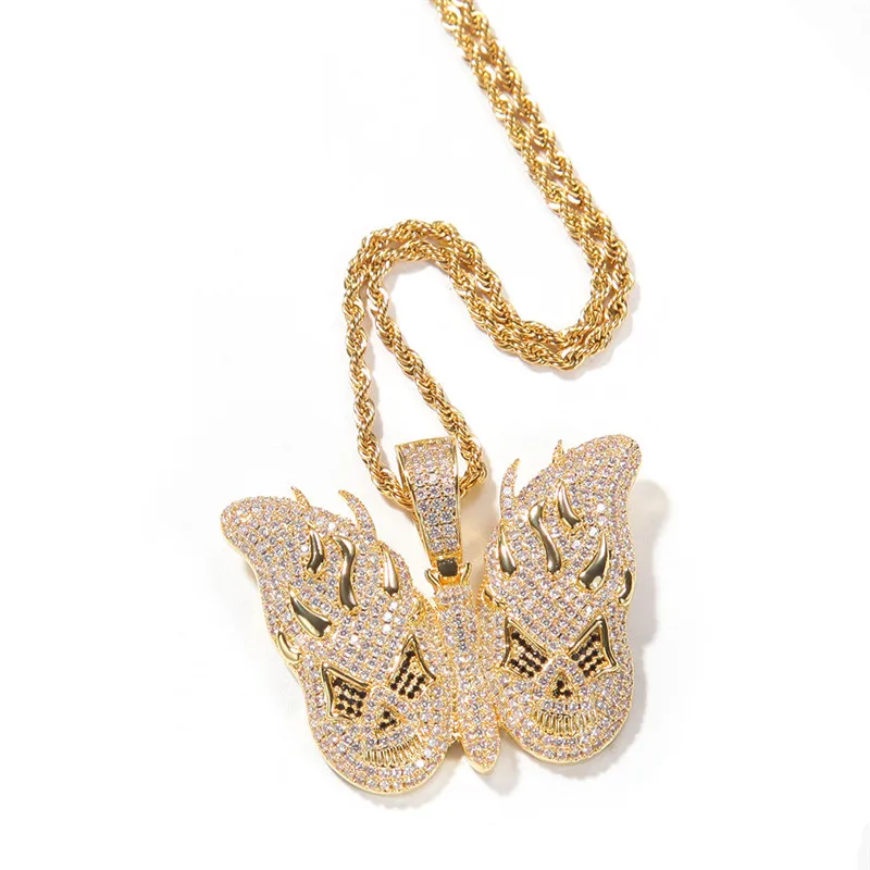

Hip Hop Jewelry Iced Out Zircon Skull Butterfly Pendant Necklace Gold Silver Plated Mens Bling Jewelry Gift
