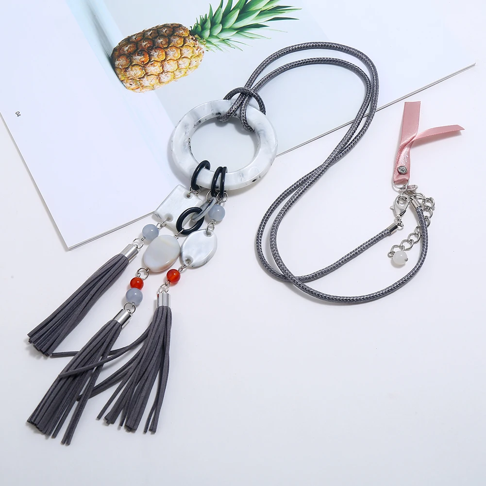 Boho длинный серый кожаный кулон кисточка свитер с веревкой цепь ожерелье женщин