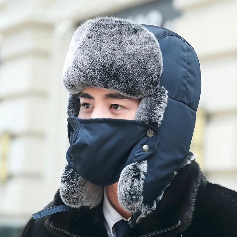 Lantafe Men Hat Winter Fur Hat Lei Feng Cap Russian Hat With Rabbit Fur Mask Hats Earmuffs Riding Keep Warm Bomber Hats