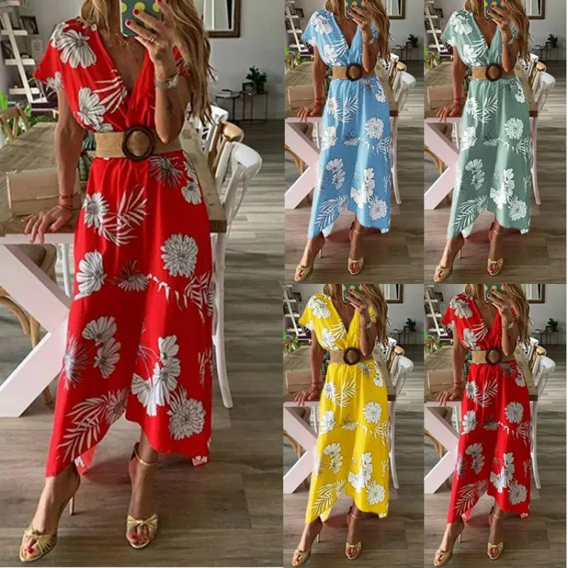 

Printed Short-Sleeved Dress Ankle Mid-Waist V-Neck Long Vestido Street Style Plus Size Robes Elegant Ladies Dresses Summer
