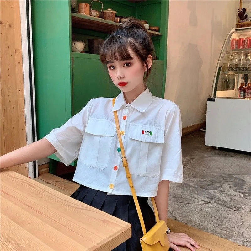 

Women Harajuku Short Sleeve Kawaii Shirt Button Up Korean Style Blouses Ladies Fashion 2021 Elegant Summer Black Blouse Female