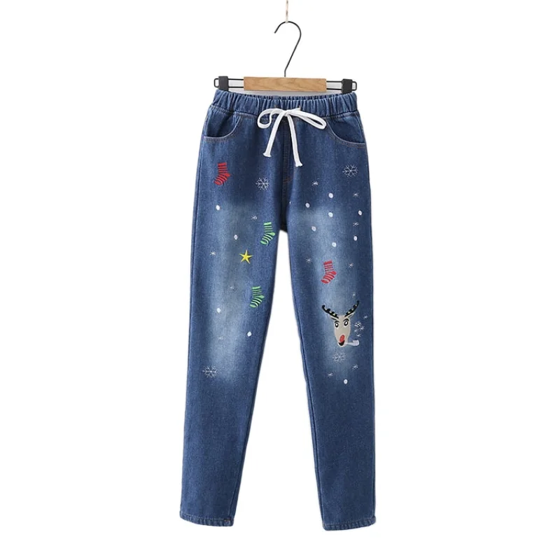 Women Jeans Fleece Pants Fawn Embroidery Female New Harajuku Student Girl Casual Elastic Waist Straight Trousers 2011027