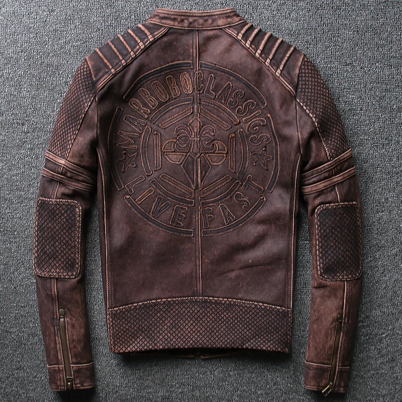 

Vintage Pop Design Mens Motorcycle Genuine Leather Jackets Brown Color Cow Leather Coats Slim Nice Shipping