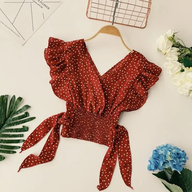 

Vintage V-neck Ruffle Sleeve Polka Dot Women Blouse Shirts Elegant Elasticity Slim Waist Bow Tie Korean Style Female Blouse Tops