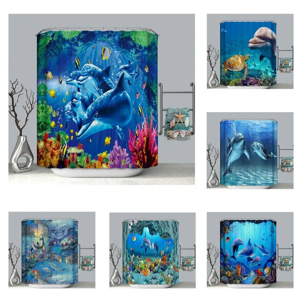 

Ocean Shower Curtain Blue Dolphin Polyester Thick Printed Shower Curtain with Hooks for Bathroom Ocean Design Waterproof Curtain