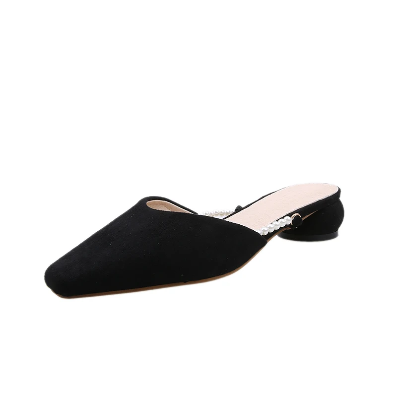 

String Bead Women Shoes Woman Mules New Sexy Ladies Shoes Slippers Cover Square Toe Low Heels Solid Flock Casual Shoes Slides