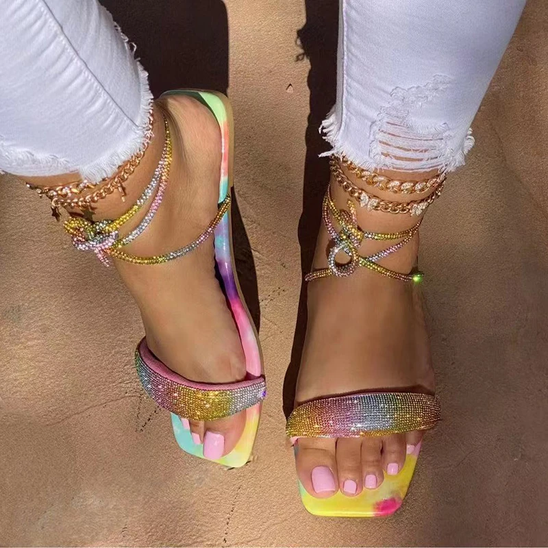 

2021 Women's Lace-up Rhinestone Sandals Color Diamond Shoes Bling Square Toe Summer Casual Beach Flat Shoes Outdoor Party Shoes
