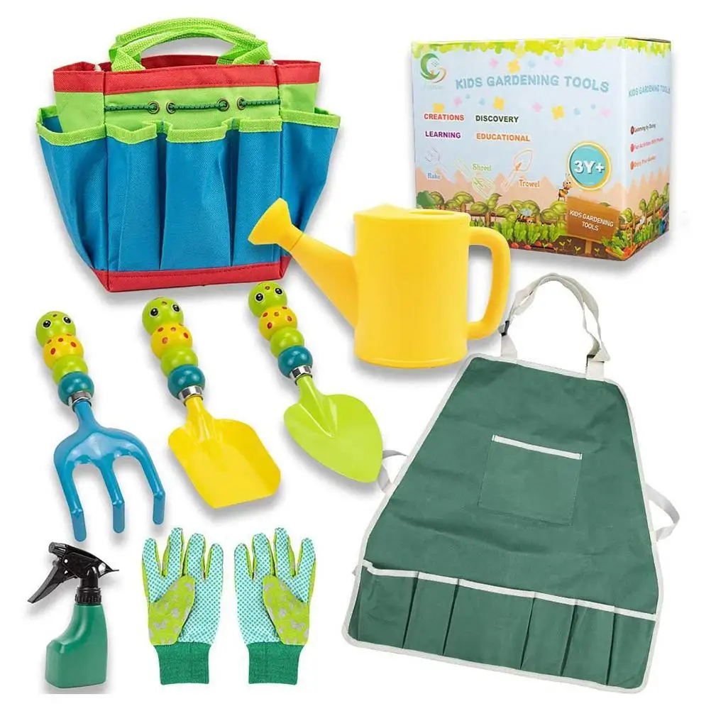 

9PC Kids Garden shovel planting Tools Gloves Bag Watering Can Spray Bottle Apron Gardening Tools Shovel Spade Rake Gardening Kit