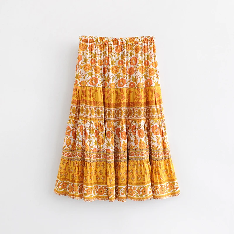 Женская длинная юбка в стиле бохо TEELYNN желтая летняя из вискозы с цветочным