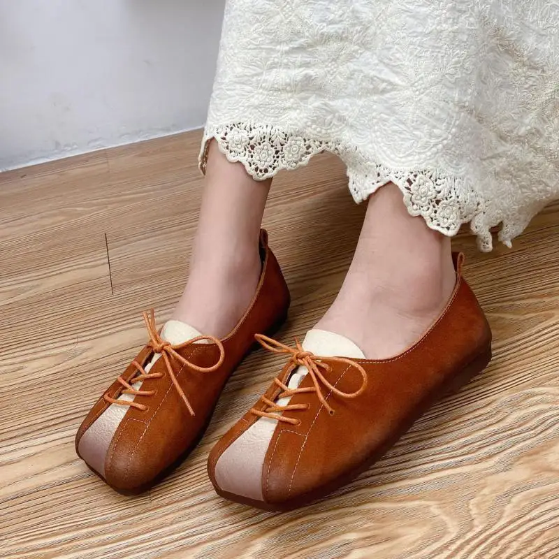 

YourSeason Spring Autumn Ladies Shoes Genuine Leather Flats Concise Handmade Leisure Women Lace Up Shoes Square Toe