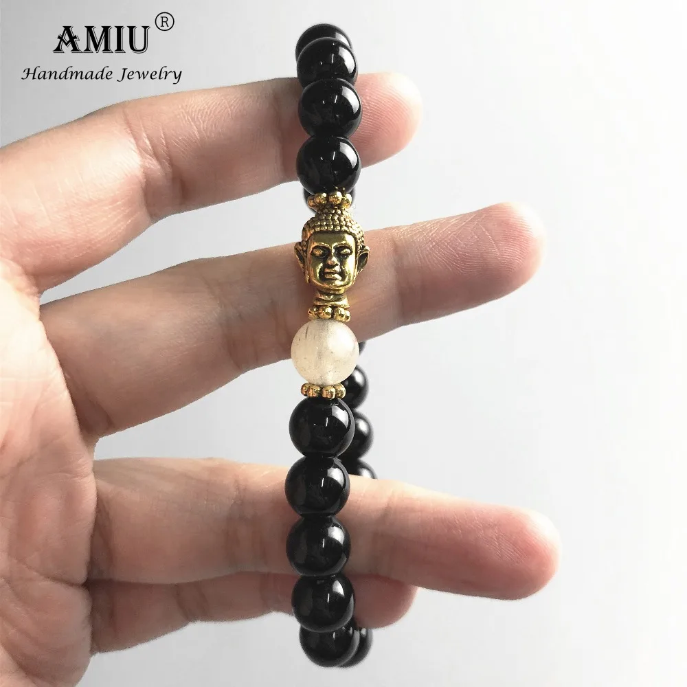 Голова Будды AMIU высокое качество натуральный черный бисер оникс исцеляющий
