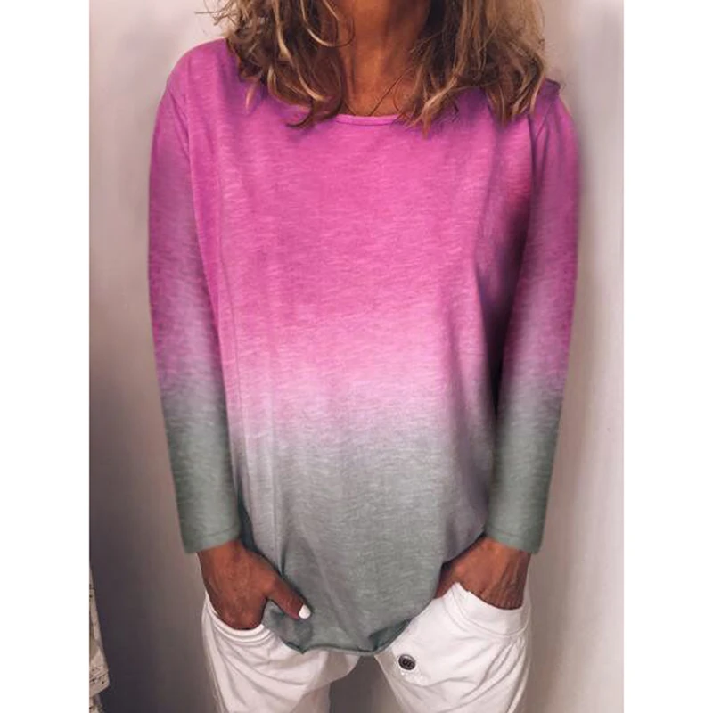Новая женская футболка с длинным рукавом и круглым воротником градиентного