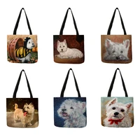 unique design westie dog painting square handbag for women shopping shopper bags large capacity eco linen totes