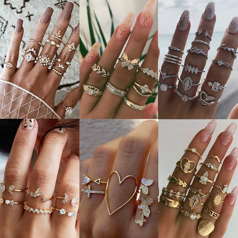 

New Trendy Metal Geometry Circular Punk Rings Set Gold Color Finger Accessories Buckle Joint Tail Ring Women Jewelry