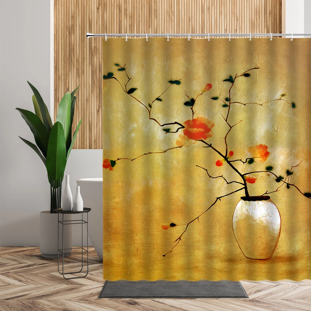 Европейская ретро картина маслом Цветочная занавеска для душа ваза