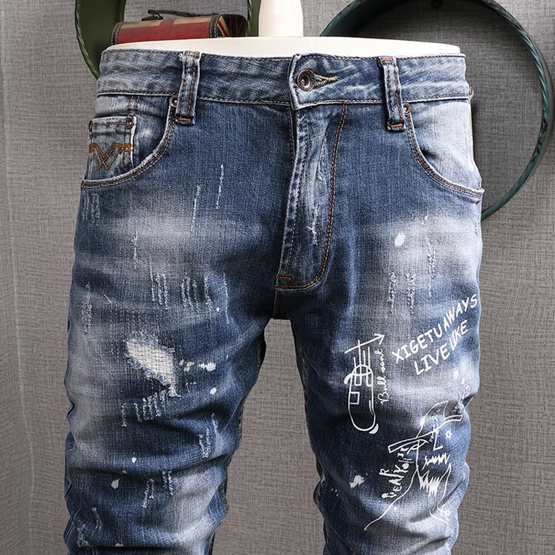 European American Street Fashion Men Jeans Vintage Retro Blue Slim Ripped Jeans Men Printed Designer Hip Hop Denim Punk Pants