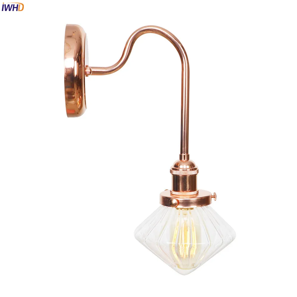 

IWHD Iron Rose Golden Nordic LED Wall Lamp Creative Clear Glass Diamond Wall Lights Simple Glass Mirror Light Retro Fixtures