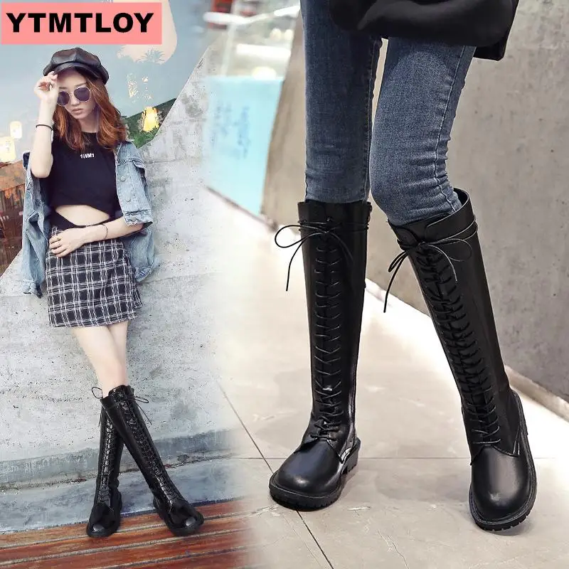 Лидер продаж Сезон весна-осень Модные женские сапоги до колена на шнуровке Цвет