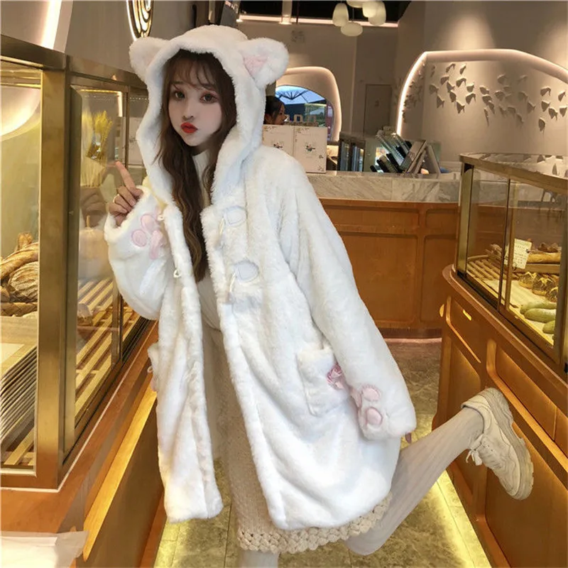 

Sweet hooded cute ears winter cotton-padded parkas cotton-padded sweet women plus velvet thickened horn buckle loose slim coat