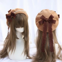 camel wavy bowknot beret lolita hat