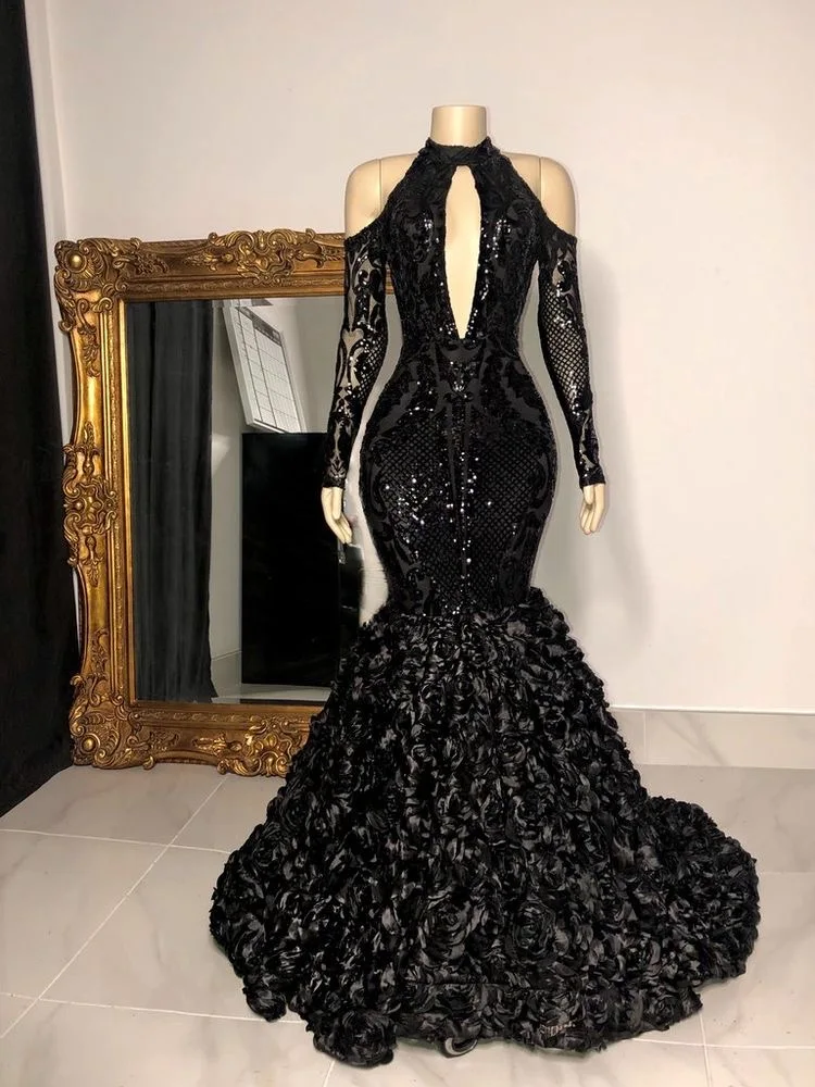 

Black Long Mermaid Prom Dresses New Off The Shoulder Sweep Strain Long Sleeve Sequined O Neck Formal Evening Dress Party Gowns