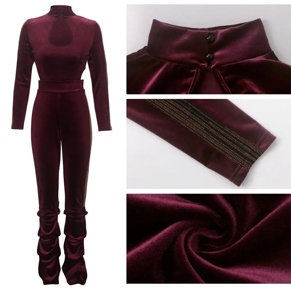 Женский бархатный комбинезон с длинным рукавом однотонный вырезами спереди и