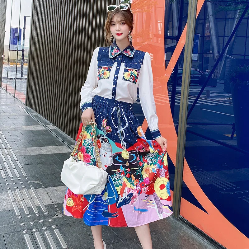 

DIDABOLE High Quality New Women Sets Lapel Beading Single Breasted Shirt Tops + Loose Fashion Skirt Casual Party Two-Piece Suit