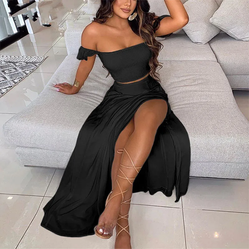 

2022 Temperament Commuter Hot Selling Women Off Shoulder Ruffles Top & Thigh Slit Skirt Sets Solid Chic Party Suits