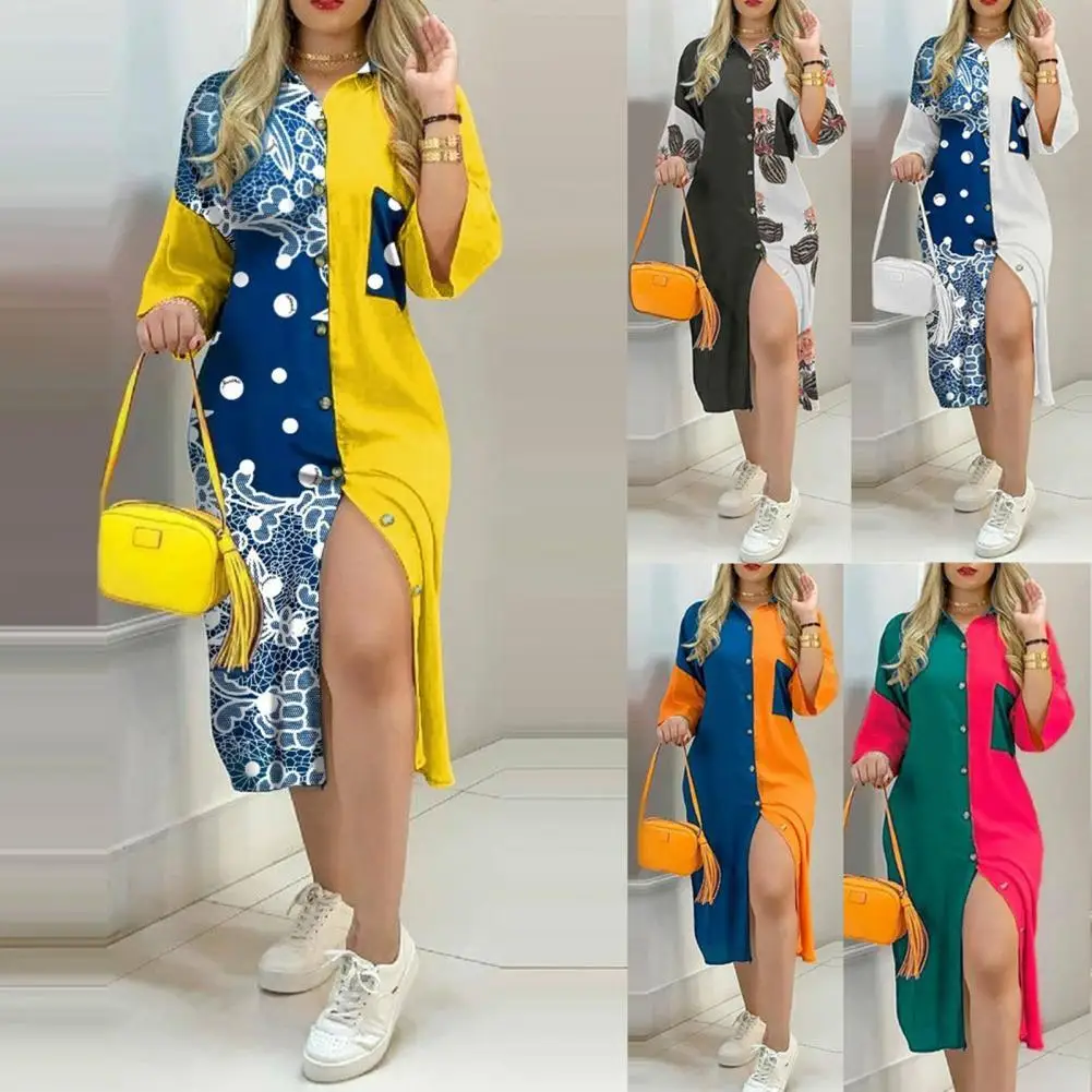 

Casual Womens Shirt Dress Color Block Floral Print Single-breasted Midi Dresses for Women Loose Long Sleeve Lapel Dress Vestidos