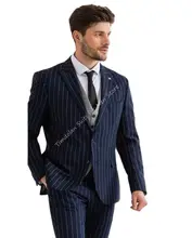 Azul marinho listra jaqueta calças conjuntos ternos masculinos smoking festa de casamento wear 3 pçs sob medida blazer calças cinza colete roupas masculinas (2)