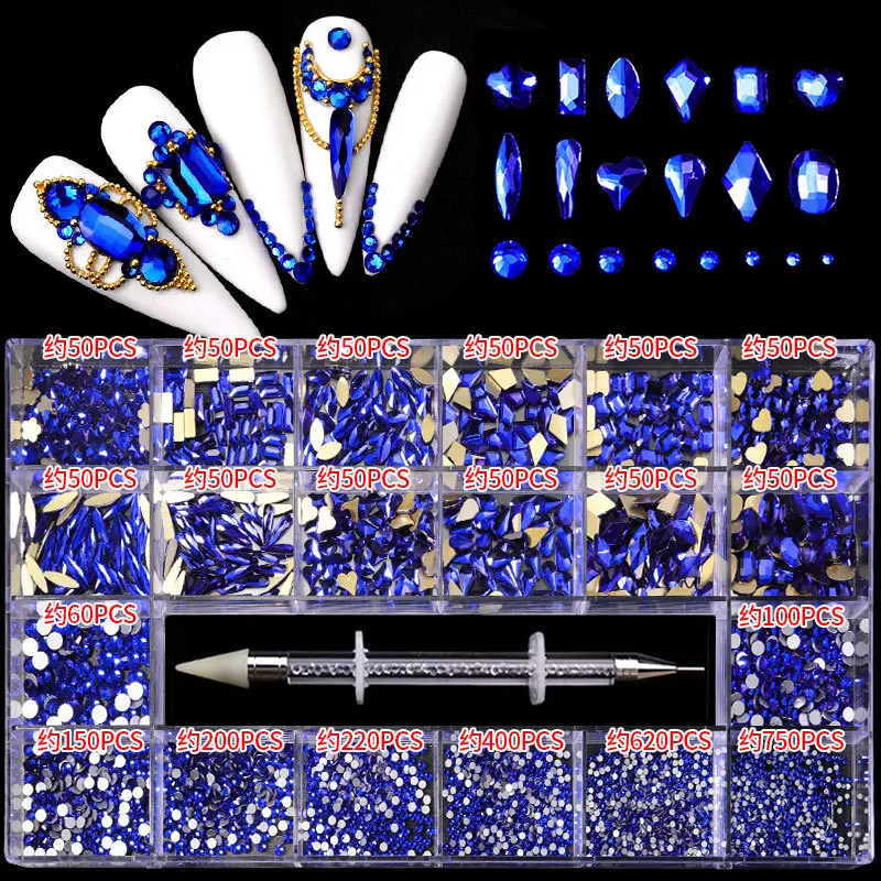 

3100pcs Nail Art Rhinestone Set Multi-Shaped Crystal Flat Back Non-repair Glass Diamond Sapphire Fancy Nail Decoration