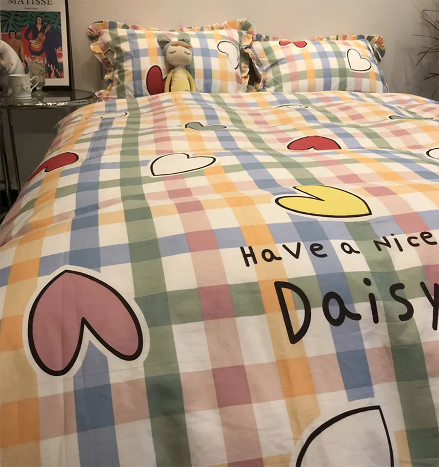 

Cute heart plaid bedding set teen,fashion 1.2 1.5 1.8 cotton twin full queen King home textile bed sheet pillow case quilt cover