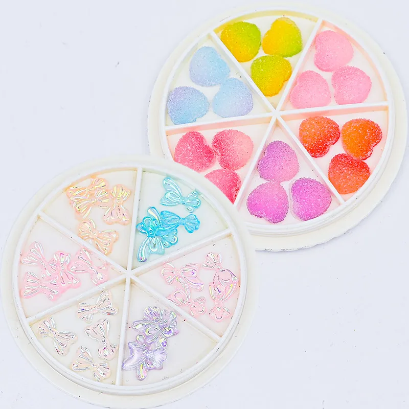 

1 Wheel 6 Grids Flowers/Bear/Bowtie Resin Charms Rhinestones 3D Tips Glitter For Nail Art Decoration Manicure Colorful Charms