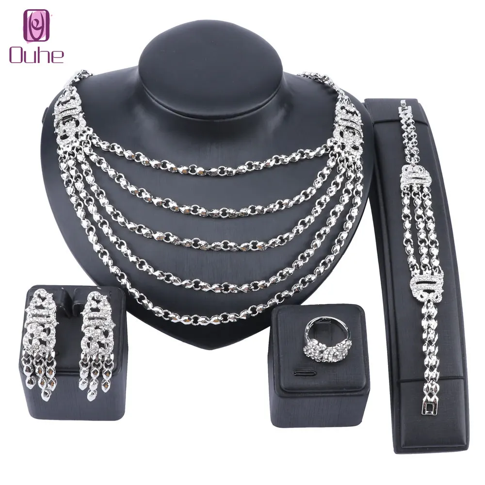 Charm Dubai Gold Color Crystal Jewelry Sets For Women Multi-layer Necklace Earrings Bangle Rings Party Dress Accessories | Украшения и