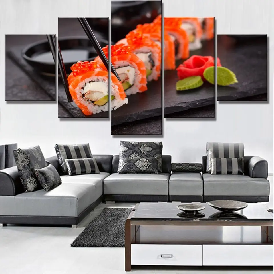 

Wall Art Printed Paintings Home Decorative 5 Panel Japan Delicious Sushi Originality Poster Modular Pictures Modern Restaurant
