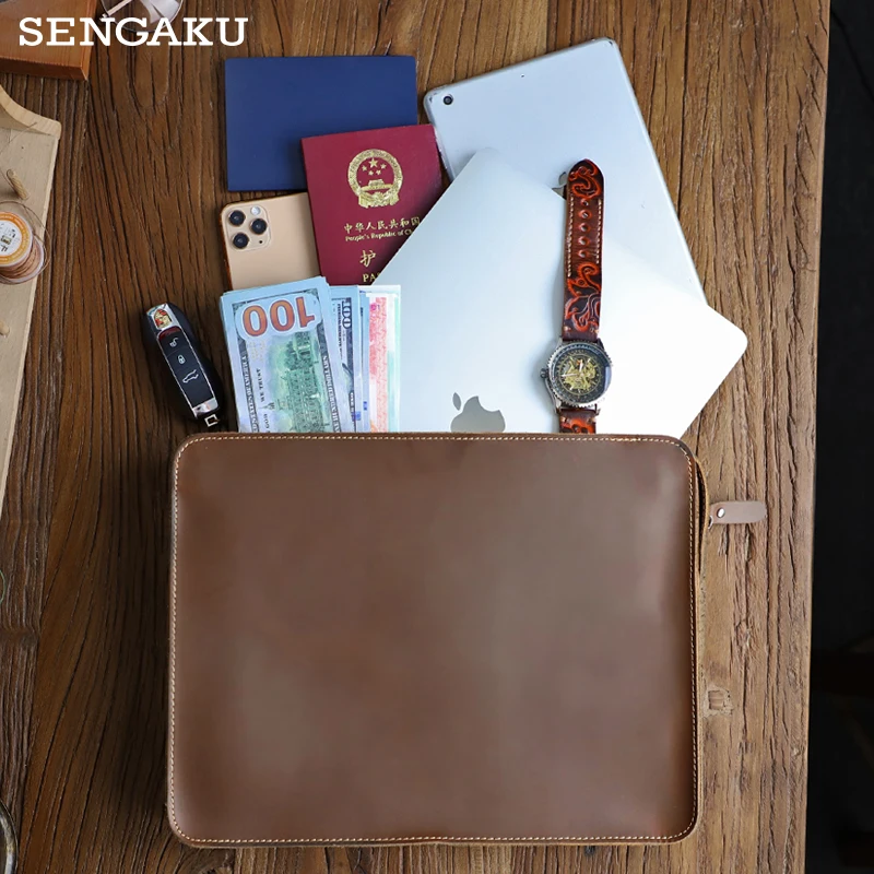 Handmade Genuine Leather Men's Briefcase 13.5'' Laptop Business Shoulder Bag Messenger Bags For Male