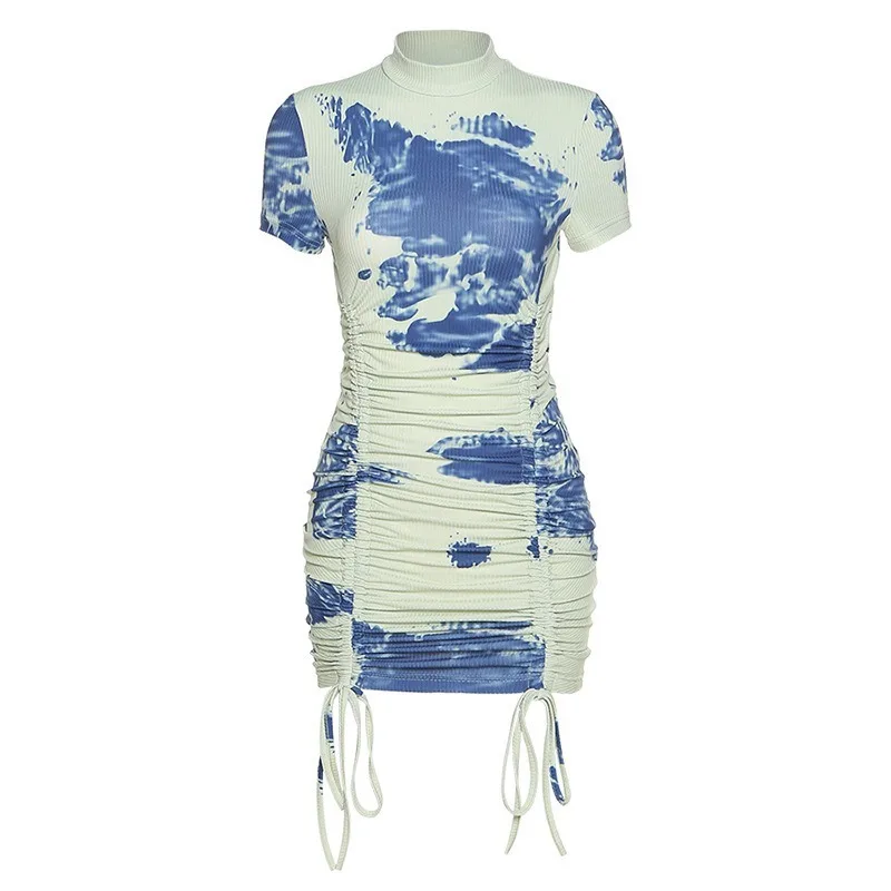 

2021 Autumn New Short Sleeve O Neck Tie Dye Side Adjustable Drawstring High Waist Mini Dress Women MK150