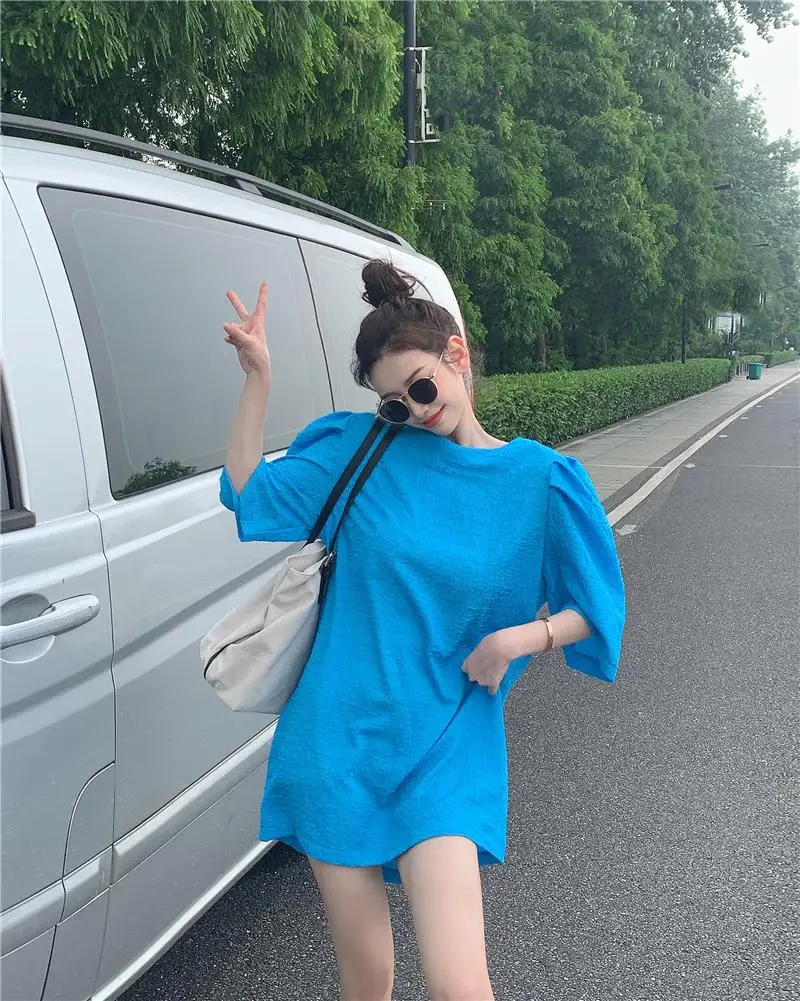 

Yellow Loose Casual Short Sleeve T-Shirt Summer New Korean Fashion Puff Sleeve Sexy Backless Loose Top Women