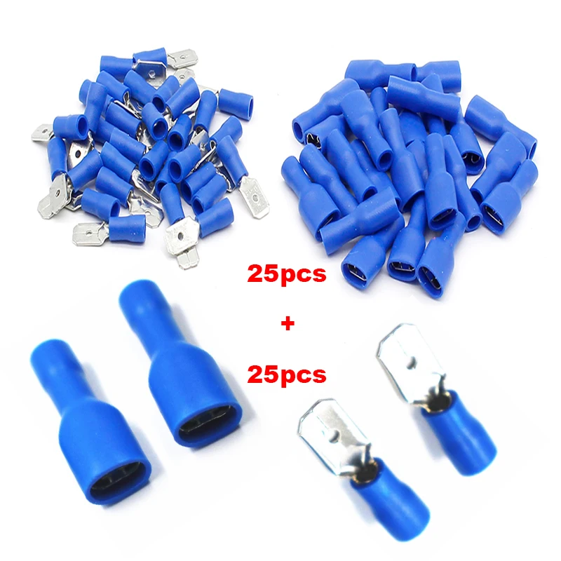 

50pcs/25pairs Blue Insulated Spade Crimp Wire Cable Connector Terminal Male/Female Kit 1.5 - 2.5 mm