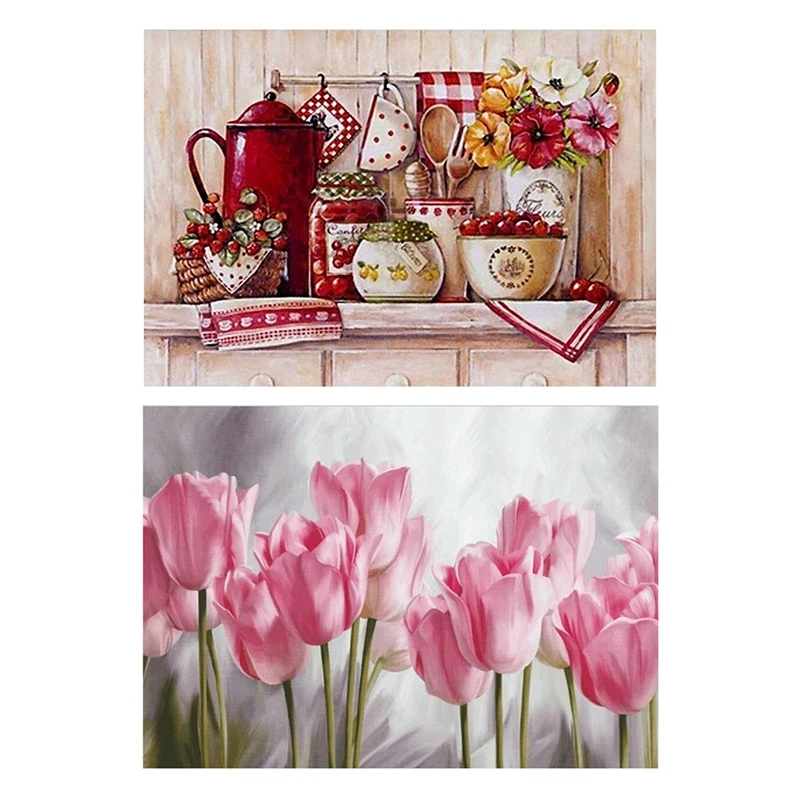 

Набор для алмазной 5D вышивки «сделай сам», набор из 2 предметов для домашнего декора, кухонные Красные столовые приборы и Розовый тюльпан, цв...