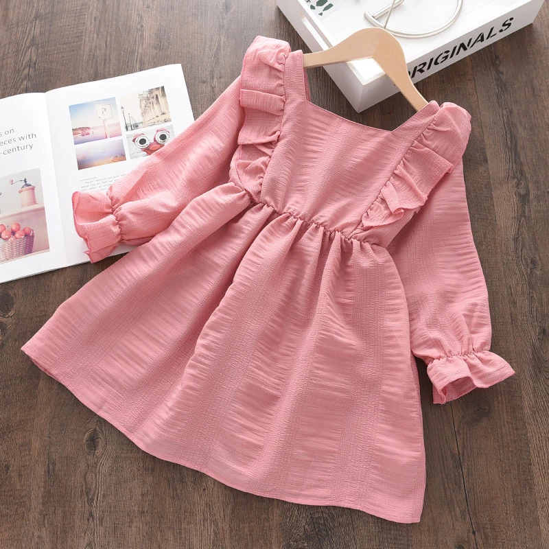 

Keelorn Girls Princess Dresses Toddler Girl Spring Ruffles Fancy Clothing Long Sleeve Children Solid Color Party Vestidos