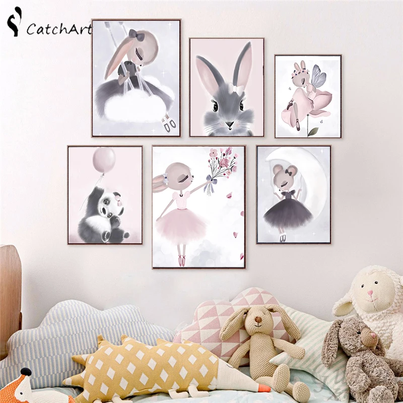 Северный акварельный мультфильм Единорог Олень Кролик Девочка Холст Картина