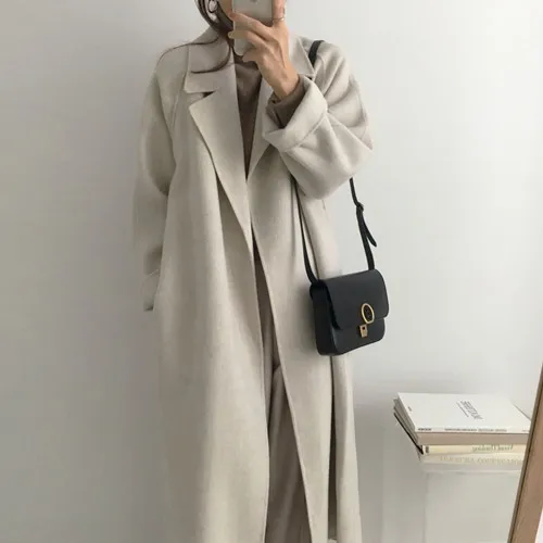 

2021 Autumn Winter Women Long Woolen Coat with Belt Long Sleeve Turn Down Collar Warm Vintage Femme Casual Ladies Jacket