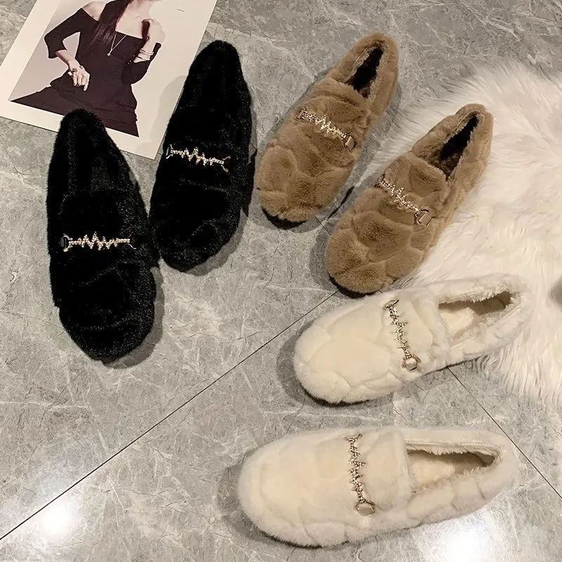 

ELLALLE Women Flat Flock Basic Shoes Round Toe Crystal Soft Sole Shoes Elegant Plush Solid Slip-on Fashion Female Winter Shoes