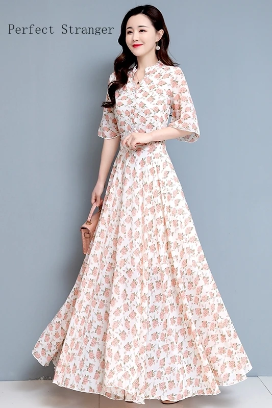 

2021 Summer New Arrival Hot Sale V Collar Flower Printed Women Long Chiffon Dress Plus Size S-4XL