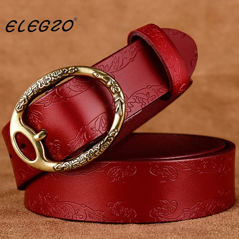 

2021－ELEGZO Female Waistband Ladies high quality leather belt retro carved pin buckle pure cowhide fashion all-match jeans belt