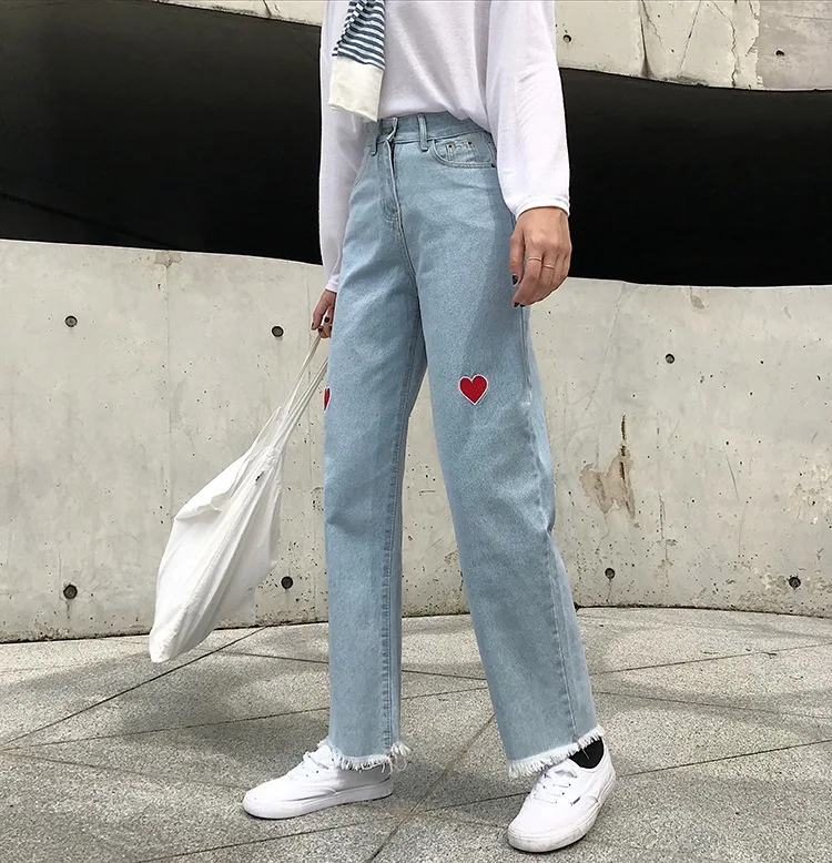 Cowboy Women's Spring New Style CHIC Korean-style High-waisted Love Embroidered Loose-Fit Loose Pants Versatile Slimming Straigh