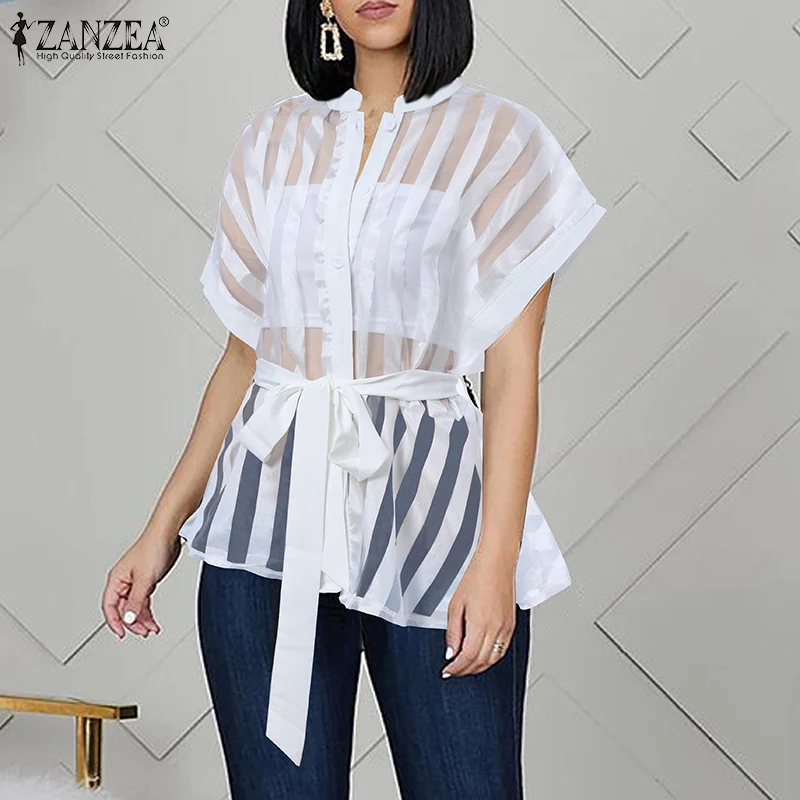 

Модная женская блузка ZANZEA, лето 2021, прозрачные топы, Повседневная однотонная бандажная туника с коротким рукавом, Женская свободная уличная...